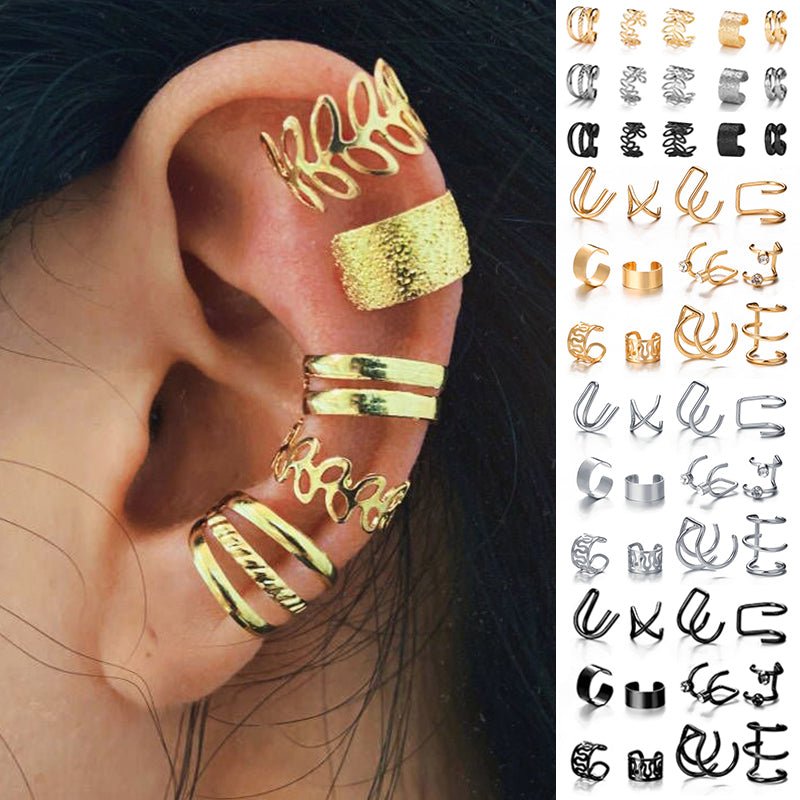 17KM Gold Leaves Ear Cuff Black Non-Piercing Ear Clips Fake Cartilage Earrings  Clip Earrings For
