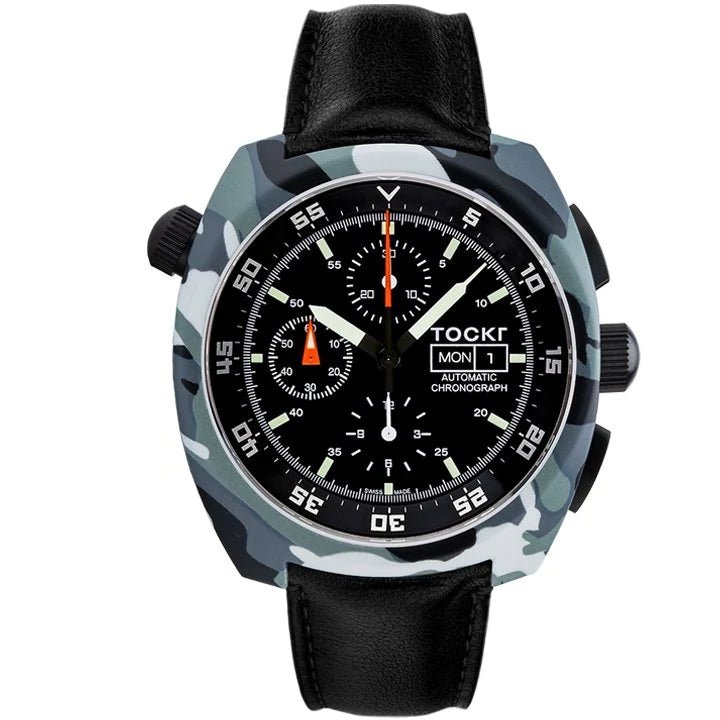 Tockr- Chronograph - Hydro Dipped - Black Camo - Leather - 45mm - Automatic - Maple City Timepieces