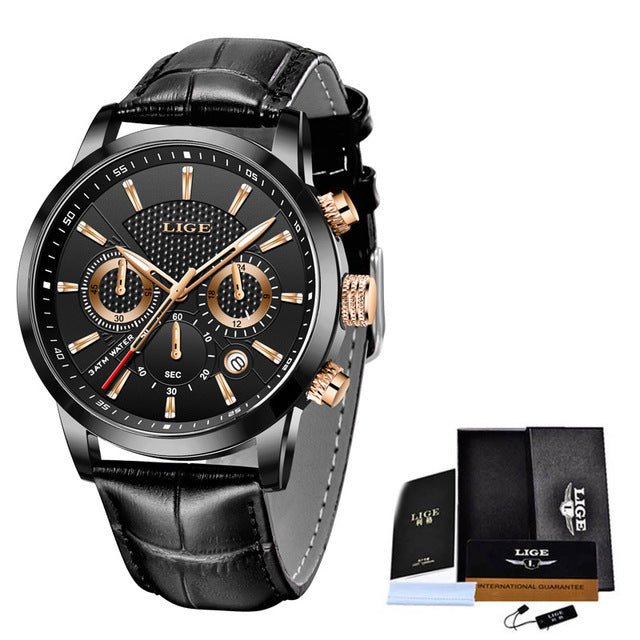 2022 New Mens Watches LIGE Top Brand Leather Chronograph Waterproof Sport Automatic Date Quartz Watch For Men Relogio Masculino - Maple City Timepieces