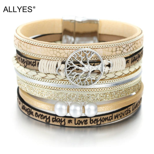 ALLYES Tree of Life Charm Pearl Leather Bracelets for Women Fashion Ladies Bohemian Multilayer Wide Wrap Bracelet Female Jewelry - Maple City Timepieces