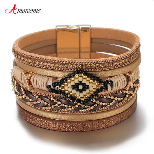 Amorcome Miyuki Evil Eye Leather Bracelets For Women Fashion Ladies Bohemian Wide Wrap Charm Bracelet Party Jewelry Gift - Maple City Timepieces