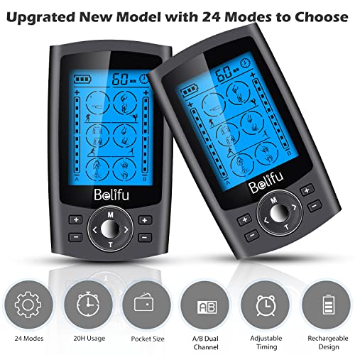 Belifu Dual Channel TENS EMS Unit 24 Modes Muscle Stimulator with 12 Pads, Electronic Pulse Massager Muscle Massager for Pain Relief Therapy, Fastening Cable Ties, Dust-Proof Drawstring Storage Bag - Maple City Timepieces