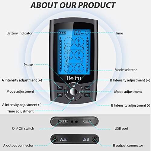 Belifu Dual Channel TENS EMS Unit 24 Modes Muscle Stimulator with 12 Pads, Electronic Pulse Massager Muscle Massager for Pain Relief Therapy, Fastening Cable Ties, Dust-Proof Drawstring Storage Bag - Maple City Timepieces