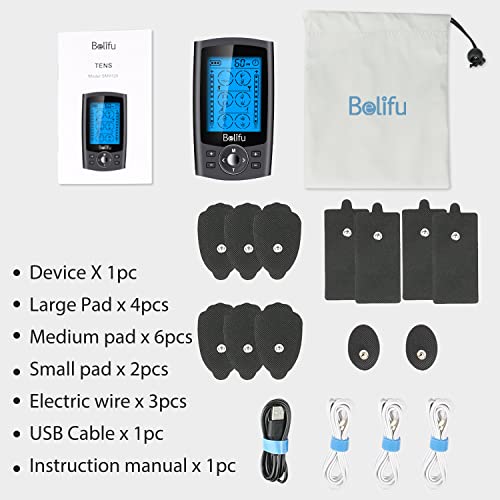 Belifu Dual Channel TENS EMS Unit 24 Modes Muscle Stimulator with 12 Pads, Electronic Pulse Massager Muscle Massager for Pain Relief Therapy, Fastening Cable Ties, Dust-Proof Drawstring Storage Bag - Maple City Timepieces