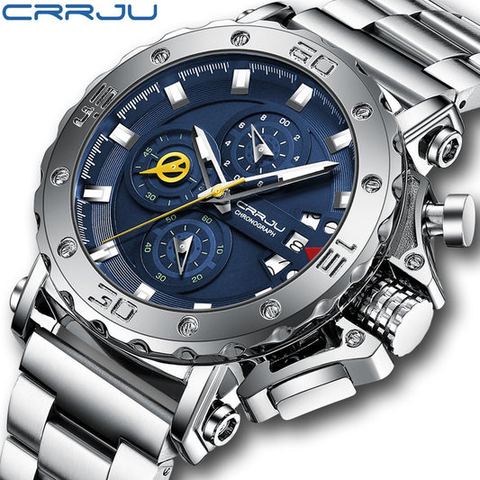 CRRJU Men Watch Top Brand Luxury Big Dial Stainless Steel Waterproof Chronograph Wristwatches with Date Relogio Masculino - Maple City Timepieces