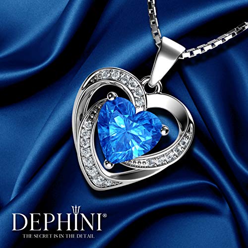 DEPHINI - Heart Necklace - 925 Sterling Silver - Branded Aqua CZ Crystal Pendant Birthstone - Fine Jewellery Love - 18" Premium Rhodium Plated Silver Chain - Cubic Zirconia - Gifts for Women - Maple City Timepieces