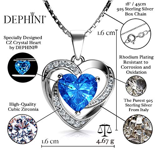 DEPHINI - Heart Necklace - 925 Sterling Silver - Branded Aqua CZ Crystal Pendant Birthstone - Fine Jewellery Love - 18" Premium Rhodium Plated Silver Chain - Cubic Zirconia - Gifts for Women - Maple City Timepieces