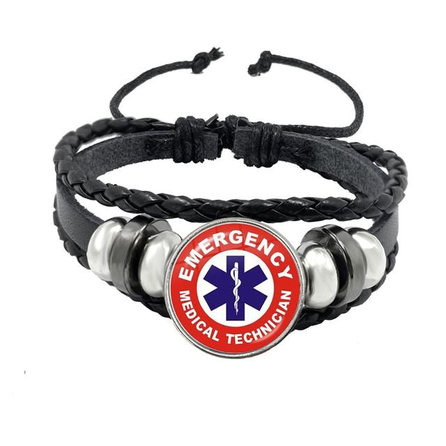 Emergency Medical Technician Paramedic Symbol Logo Black Button Leather Bracelet Glass Dome Blue Star of Life EMT Sign Jewelry - Maple City Timepieces