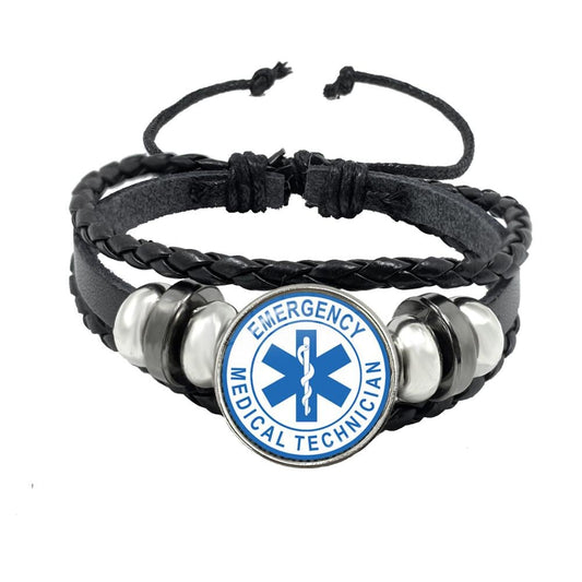 Emergency Medical Technician Paramedic Symbol Logo Black Button Leather Bracelet Glass Dome Blue Star of Life EMT Sign Jewelry - Maple City Timepieces