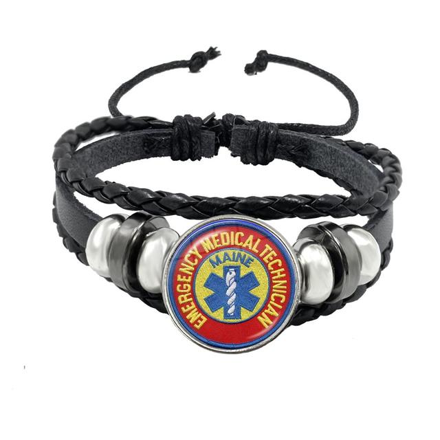 Emergency Medical Technician Paramedic Symbol Logo Black Button Leather Bracelet Glass Dome Blue Star of Life EMT Sign Jewelry - Maple City Timepieces