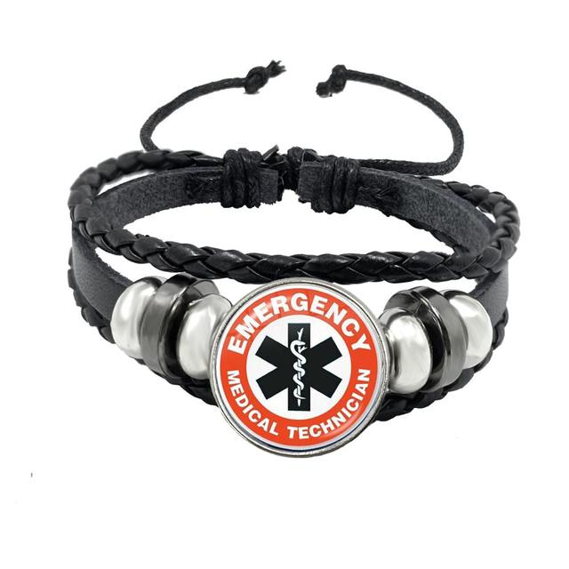 Emergency Medical Technician Paramedic Symbol Logo Black Button Leather Bracelet Glass Dome Blue Star of Life EMT Sign Jewelry - Maple City Timepieces