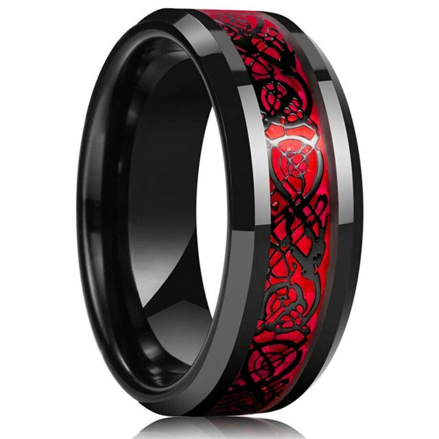 Fashion 8mm Men Red Groove Beveled Edge Stainless Steel Celtic Dragon Ring Zircon Inlay Red Carbon Fibre Ring Men Wedding Band - Maple City Timepieces