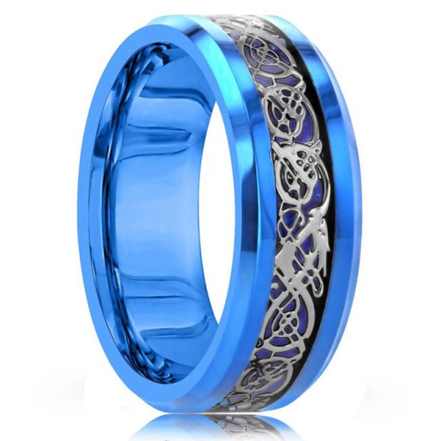 Fashion 8mm Men Red Groove Beveled Edge Stainless Steel Celtic Dragon Ring Zircon Inlay Red Carbon Fibre Ring Men Wedding Band - Maple City Timepieces
