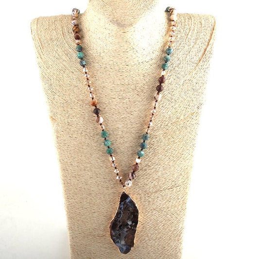 Fashion Bohemian Tribal Jewelry Crystal / Stone Long Knotted Irregular Druzy Stone Pendant Necklaces For Women - Maple City Timepieces