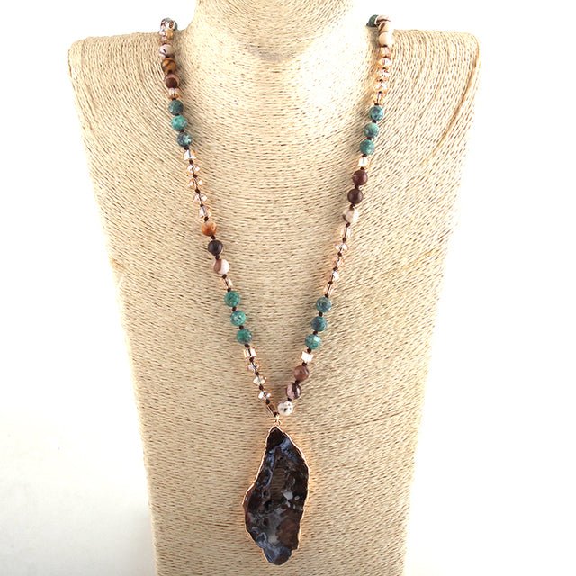 Fashion Bohemian Tribal Jewelry Crystal / Stone Long Knotted Irregular Druzy Stone Pendant Necklaces For Women - Maple City Timepieces