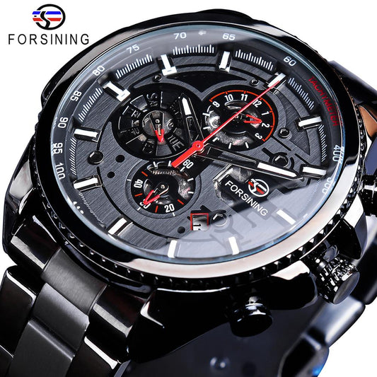 Forsining Three Dial Calendar Stainless Steel Men Mechanical Automatic Wrist Watches Top Brand Luxury Military Sport Male Clock - Maple City Timepieces