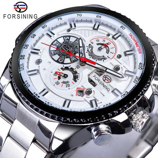 Forsining Three Dial Calendar Stainless Steel Men Mechanical Automatic Wrist Watches Top Brand Luxury Military Sport Male Clock - Maple City Timepieces