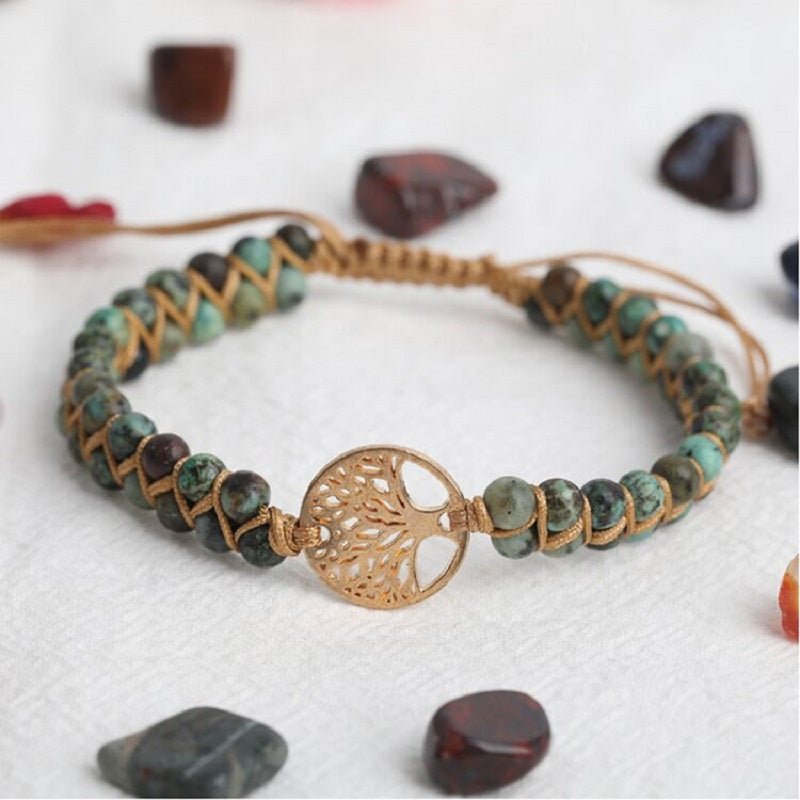 Handmade Natural Stone Boho Yoga Wrap Bracelet &amp; Bangle Tree of Life African Japser Braided Charm Bracelet Women Men Gift - Maple City Timepieces