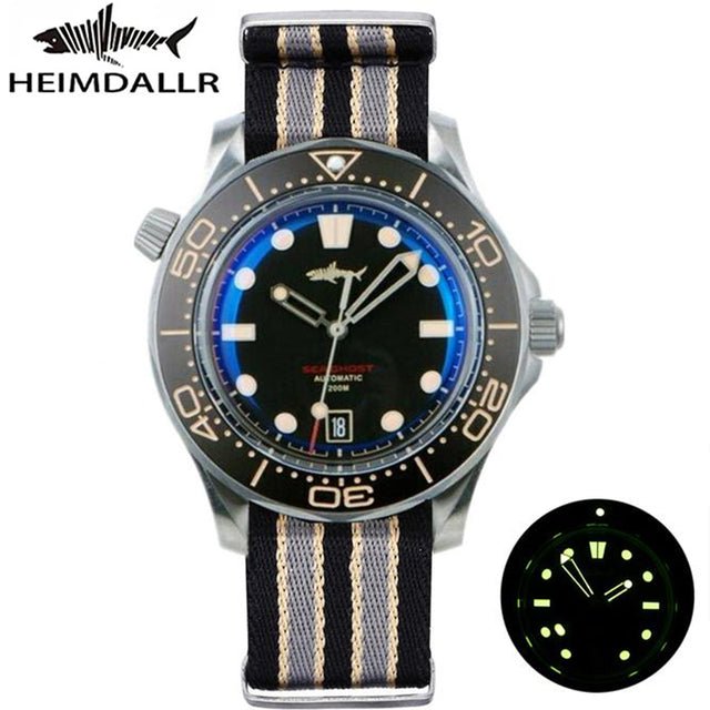 Heimdallr Watch Titanium Sea Ghost NTTD NH35 Automatic Mechanical C3 Luminous Steel Nylon White Black Dial 200M Dive Watches Men - Maple City Timepieces