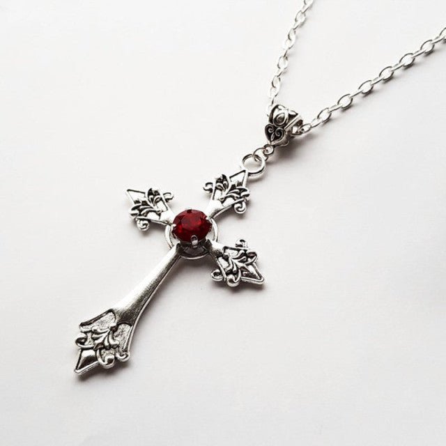 Large Detailed Cross Drill Pendant Jewel Necklace Silver Color Tone Gothic Punk Jewellery Fashion Charm Statement Women Gift(Red - Maple City Timepieces