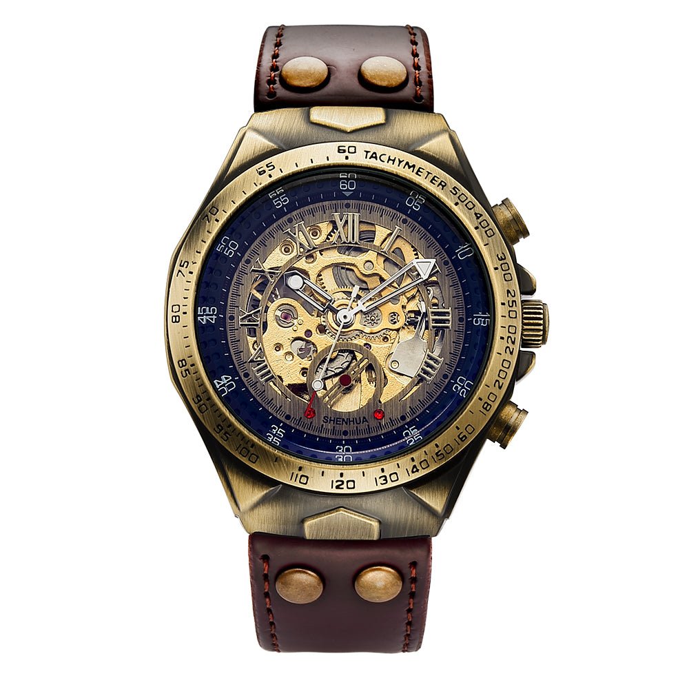 Gosasa Gold Skeleton Automatic Men's Watch Steampunk Leather  Mechanical Waterproof Watch : Clothing, Shoes & Jewelry