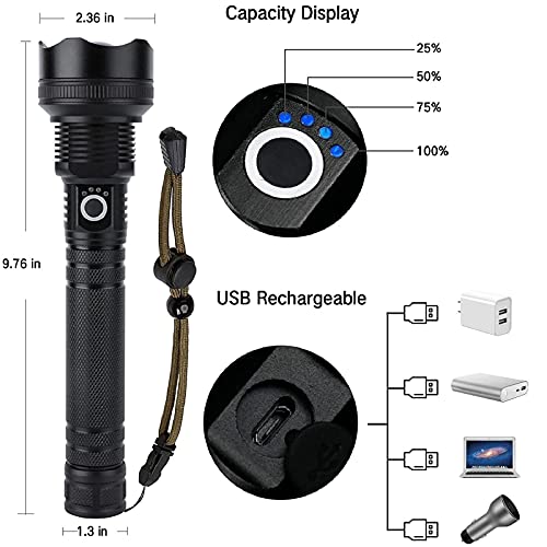 LED Flashlight Rechargeable, 90000 Lumens Super Bright Flashlight, Powerful LED Flashlight with 3 Modes Zoomable Charger, Waterproof Rechargeable Flashlight for Camping - Maple City Timepieces