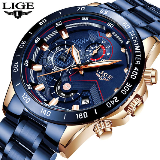 LIGE 2022 New Fashion Mens Watches with Stainless Steel Top Brand Luxury Sports Chronograph Quartz Watch Men Relogio Masculino - Maple City Timepieces