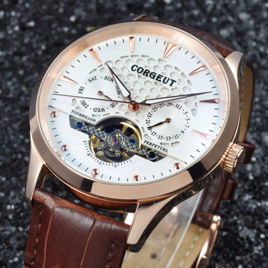 luxury top brand Corgeut 44mm Domed Glass watch clock Rosegold Case calendar Mens Automatic WristWatch relogio masculino - Maple City Timepieces