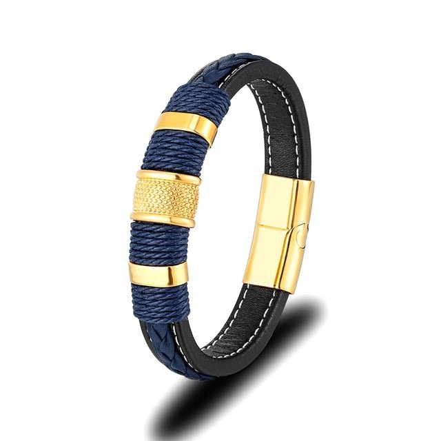 MKENDN Punk Multilayer Braid Genuine Blue Leather Bracelet Titanium Stainless Steel Magnetic Buck Bracelet Men Homme Pulseras - Maple City Timepieces