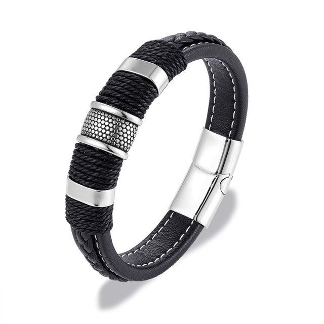 MKENDN Punk Multilayer Braid Genuine Blue Leather Bracelet Titanium Stainless Steel Magnetic Buck Bracelet Men Homme Pulseras - Maple City Timepieces