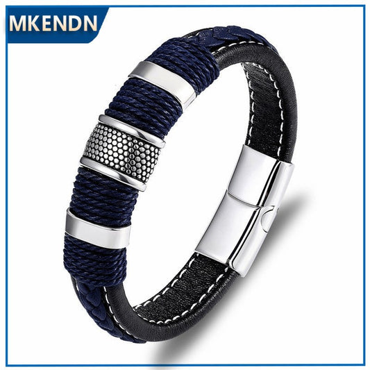 MKENDN Punk Multilayer Braid Genuine Blue Leather Bracelet Titanium Stainless Steel Magnetic Buck Bracelet Men Homme Pulseras - Maple City Timepieces