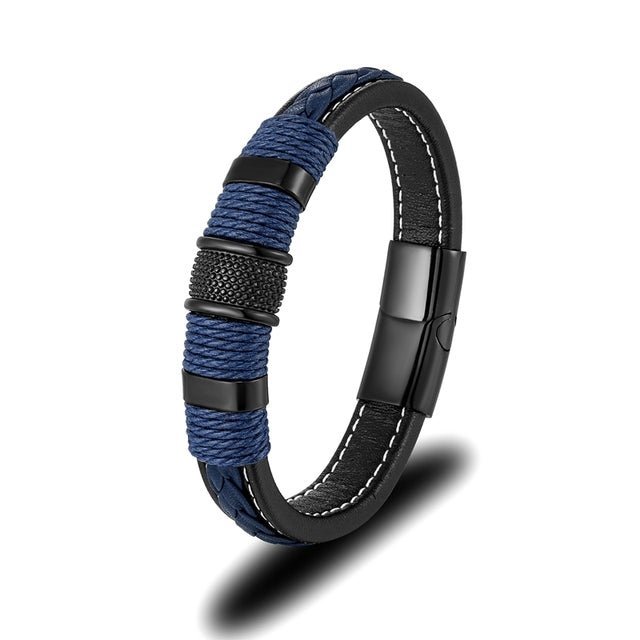 MKENDN Punk Multilayer Braid Genuine Blue Leather Bracelet Titanium Stainless Steel Magnetic Buck Bracelet Men Homme Pulseras - Maple City Timepieces