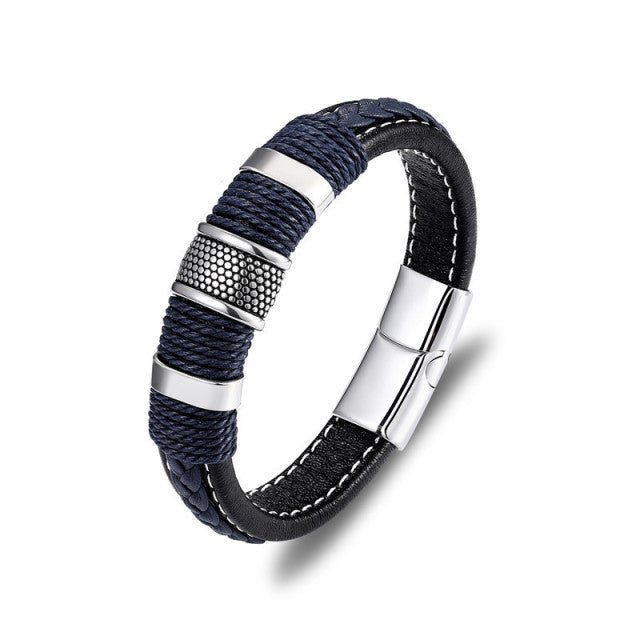 MKENDN Punk Multilayer Braid Genuine Blue Leather Bracelet Titanium Stainless Steel Magnetic Buck Bracelet Men Homme Pulseras - Maple City Timepieces