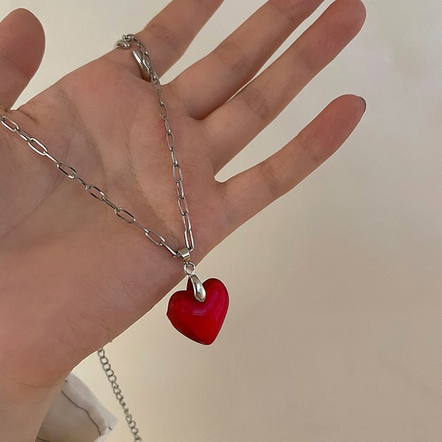New Retro Silver Color Metal Chain Necklaces for Women Blue Green Color Glass Heart Pendant Chokers Necklace Aesthetic Jewelry - Maple City Timepieces