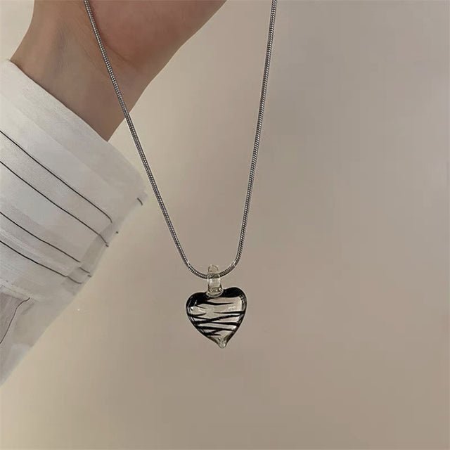 New Retro Silver Color Metal Chain Necklaces for Women Blue Green Color Glass Heart Pendant Chokers Necklace Aesthetic Jewelry - Maple City Timepieces