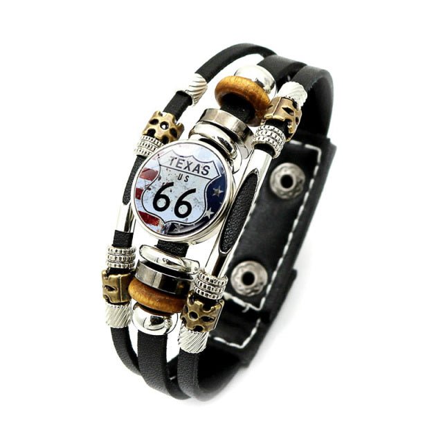 Old-fashion Signs US Route 66 Bracelet Retro Print Glass Dome Snap Button Punk Multilayer Leather Bracelets for Men Women Gifts - Maple City Timepieces