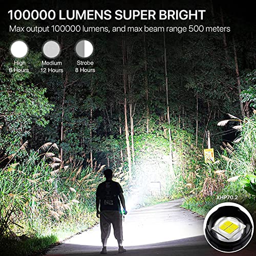 Rechargeable Flashlight 100000 lumens, Super Bright LED Flashlight High Lumen with USB Output, Powerful Flashlight with 5 Modes Zoomable, Waterproof Bright Flashlight for Emergency Camping - Maple City Timepieces