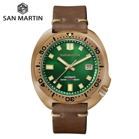 San Martin 44mm Abalone Solid Bronze Vintage Diver Watches Men Mechanical Watch 20 Bar Luminous Leather Strap Relojes часы - Maple City Timepieces