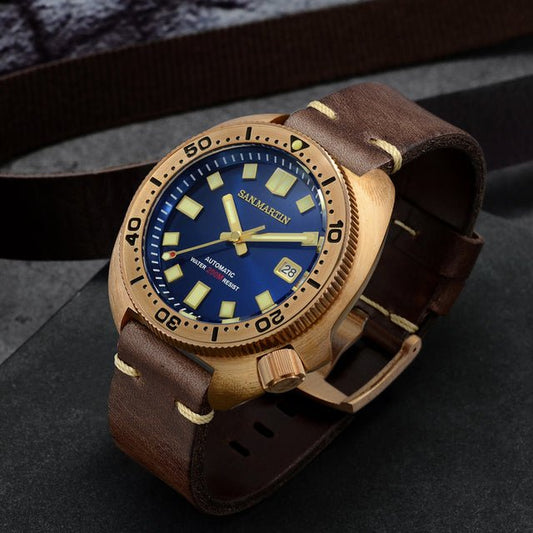 San Martin 44mm Abalone Solid Bronze Vintage Diver Watches Men Mechanical Watch 20 Bar Luminous Leather Strap Relojes часы - Maple City Timepieces
