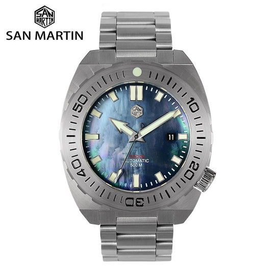 San Martin Men Dive Watch MOP Dial PT5000 Automatic Mechanical Watches Stainless Steel Sapphire Glass Waterproof 500m Luminous - Maple City Timepieces