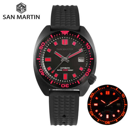 San Martin Men Watch 6105 Turtle Diver Black Warrior Colorful Luminous NH35 Automatic Mechanical Sapphire 20 Bar Rubber Strap - Maple City Timepieces