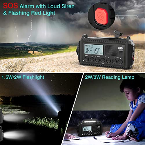 Solar Hand Crank Weather Radio, NOAA Emergency Radio with AM/FM/Shortwave, 5 Power Ways, SOS Alarm,LED Flashlight & Reading Light ,LCD Screen,Phone Charger, Micro Earphone Port, Portable Weather Alert Radio for Outdoors, Survival Kit - Maple City Timepieces