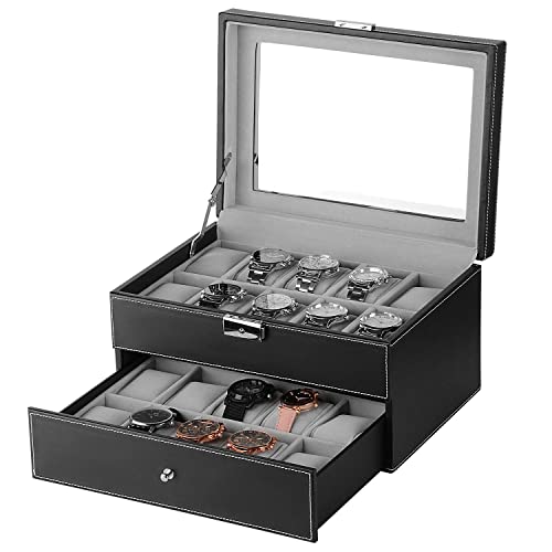 SortWise ® Watch Box Lockable 20 Mens Black Leather Large Display Glass Top Jewelry Storage Case Organizer with Metal Support, Drawer / Double Deck / 2 Tiers, Lock & Key - Maple City Timepieces