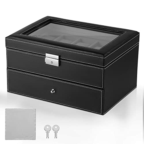 SortWise ® Watch Box Lockable 20 Mens Black Leather Large Display Glass Top Jewelry Storage Case Organizer with Metal Support, Drawer / Double Deck / 2 Tiers, Lock & Key - Maple City Timepieces