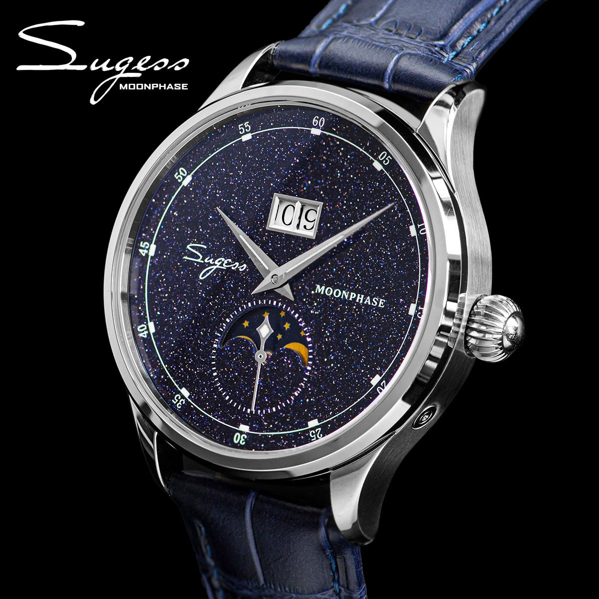 Sugess Mens Watch Limited Edition Moonphase 316L Stainless Steel Case Seagull ST2528 Movement Luxury Gemstone Stars Dial Gift - Maple City Timepieces