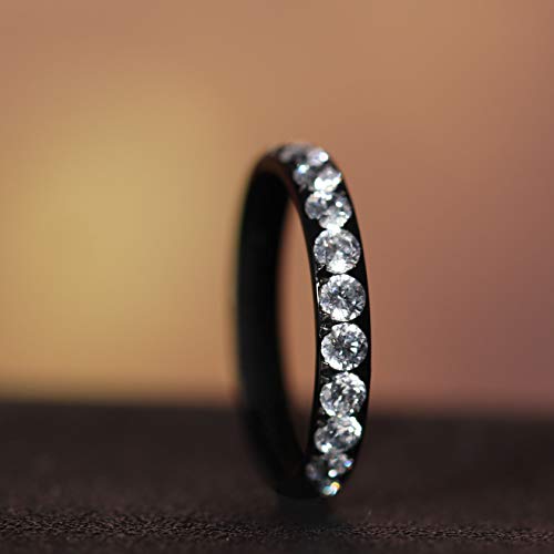 Tigrade 3mm Womens Titanium Eternity Rings Cubic Zirconia Wedding Engagement Band (Black, 10) - Maple City Timepieces
