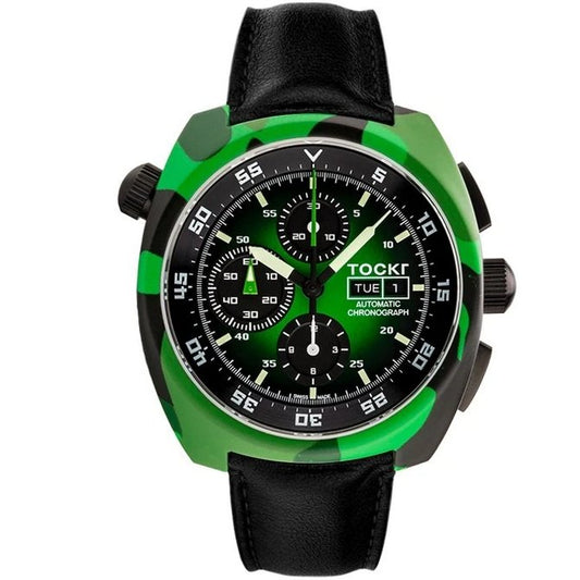 Tockr - Chronograph - Hydro Dipped - Hulk Camo - Leather - 45mm - Automatic - Maple City Timepieces
