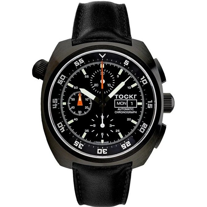 TOCKR- Chronograph - PVD - Black - Leather - 45mm - Automatic - Maple City Timepieces