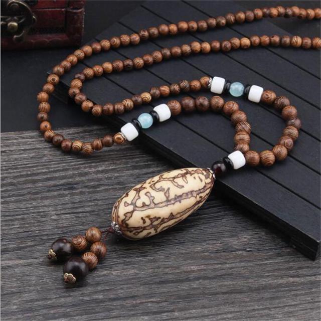 Unisex Handmade Necklace Nepal Buddhist Mala Wood Beads Pendant &amp; Necklace Ethnic Fish Horn Long Statement Men Women&#39;s Jewelry - Maple City Timepieces