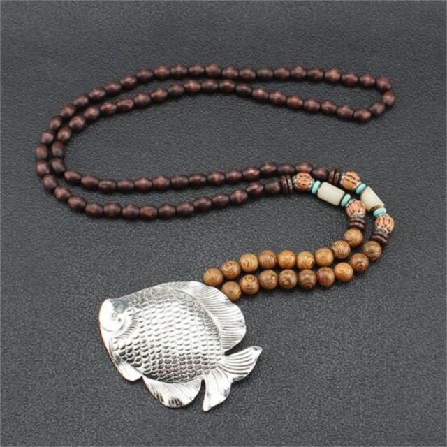 Unisex Handmade Necklace Nepal Buddhist Mala Wood Beads Pendant &amp; Necklace Ethnic Fish Horn Long Statement Men Women&#39;s Jewelry - Maple City Timepieces